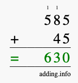 Calculate 585 + 45 using long addition