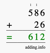 Calculate 586 + 26 using long addition