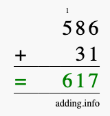 Calculate 586 + 31 using long addition