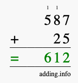 Calculate 587 + 25 using long addition