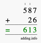 Calculate 587 + 26 using long addition