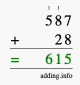 Calculate 587 + 28 using long addition