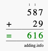 Calculate 587 + 29 using long addition