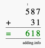 Calculate 587 + 31 using long addition