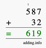Calculate 587 + 32 using long addition