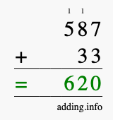 Calculate 587 + 33 using long addition