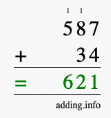 Calculate 587 + 34 using long addition