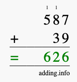 Calculate 587 + 39 using long addition