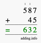 Calculate 587 + 45 using long addition