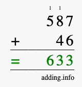 Calculate 587 + 46 using long addition