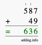 Calculate 587 + 49 using long addition