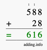 Calculate 588 + 28 using long addition