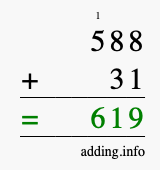 Calculate 588 + 31 using long addition
