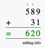 Calculate 589 + 31 using long addition