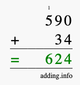 Calculate 590 + 34 using long addition