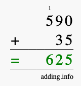 Calculate 590 + 35 using long addition