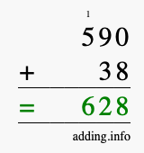 Calculate 590 + 38 using long addition