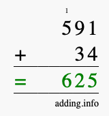 Calculate 591 + 34 using long addition