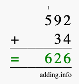 Calculate 592 + 34 using long addition