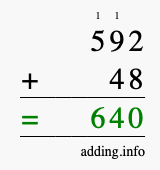 Calculate 592 + 48 using long addition