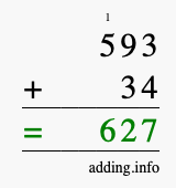 Calculate 593 + 34 using long addition