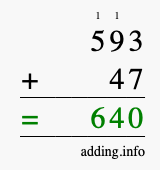 Calculate 593 + 47 using long addition