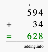 Calculate 594 + 34 using long addition