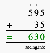Calculate 595 + 35 using long addition