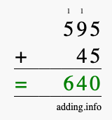 Calculate 595 + 45 using long addition