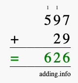 Calculate 597 + 29 using long addition