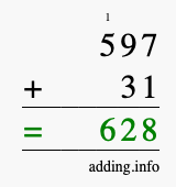 Calculate 597 + 31 using long addition