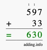 Calculate 597 + 33 using long addition