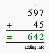 Calculate 597 + 45 using long addition