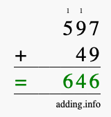 Calculate 597 + 49 using long addition