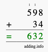 Calculate 598 + 34 using long addition