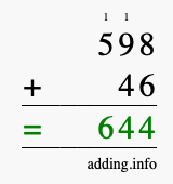 Calculate 598 + 46 using long addition