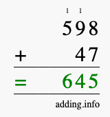 Calculate 598 + 47 using long addition
