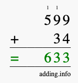 Calculate 599 + 34 using long addition