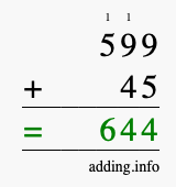 Calculate 599 + 45 using long addition