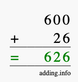 Calculate 600 + 26 using long addition