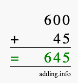 Calculate 600 + 45 using long addition