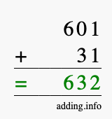 Calculate 601 + 31 using long addition