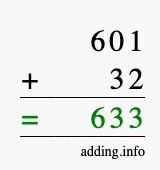 Calculate 601 + 32 using long addition