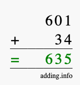 Calculate 601 + 34 using long addition