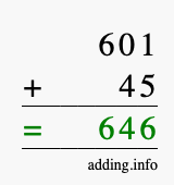 Calculate 601 + 45 using long addition