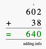 Calculate 602 + 38 using long addition