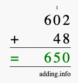 Calculate 602 + 48 using long addition