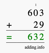 Calculate 603 + 29 using long addition
