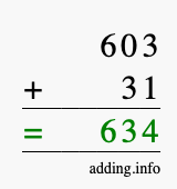 Calculate 603 + 31 using long addition