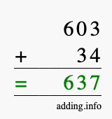 Calculate 603 + 34 using long addition
